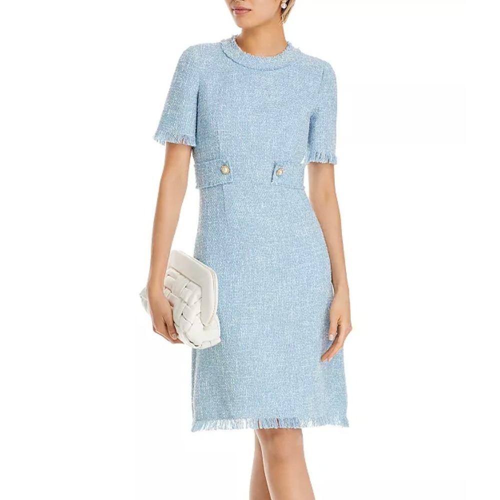 Teri Jon by Rickie Freeman Boucle Tweed Fringed Sheath Dress in Blue sz 6